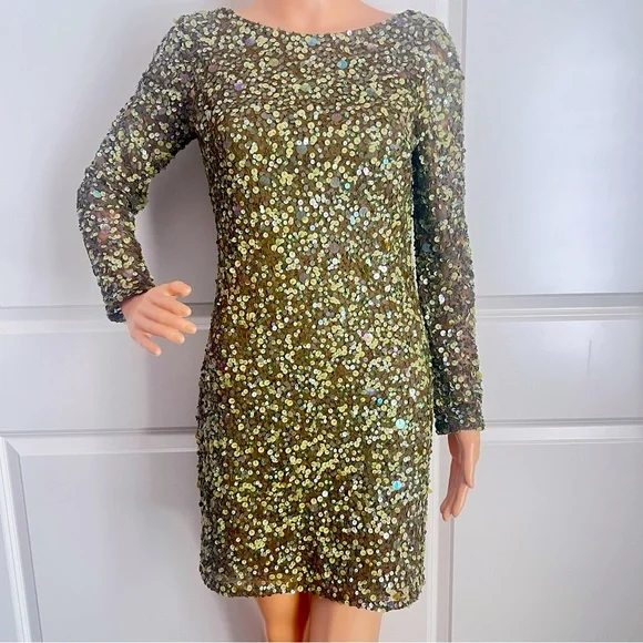 Aidan Mattox Long Sleeve Sequin OLIVE GREEN Dress - Picture 4 of 11